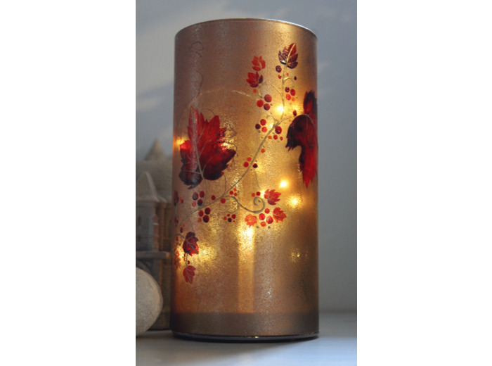 Jolie lampe peinte aux couleurs chaudes de l'automne, originale, signée et numéroté, une guirlande de feuilles d'automne sillonnent la paroi