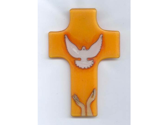 Croix en verre 8x12cm- MAINS + COLOMBE- ORANGE