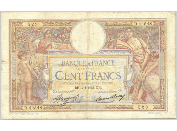 FRANCE 100 FRANCS MERSON SANS LOM SERIE D.42548 4-1-1934 TB+