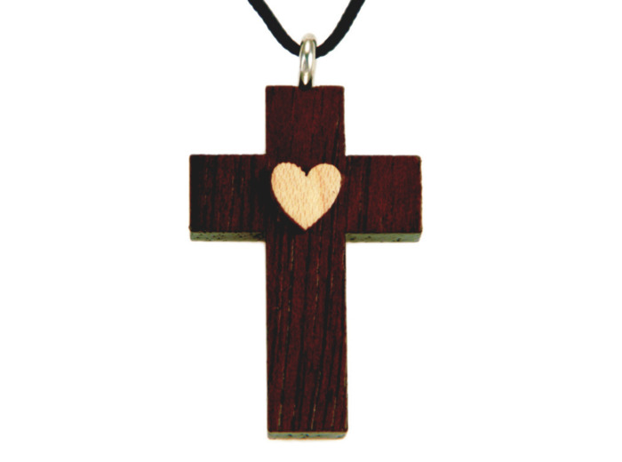 Croix en Bois d'Erable Vernis 3,5cm avec Cordon - COEUR
