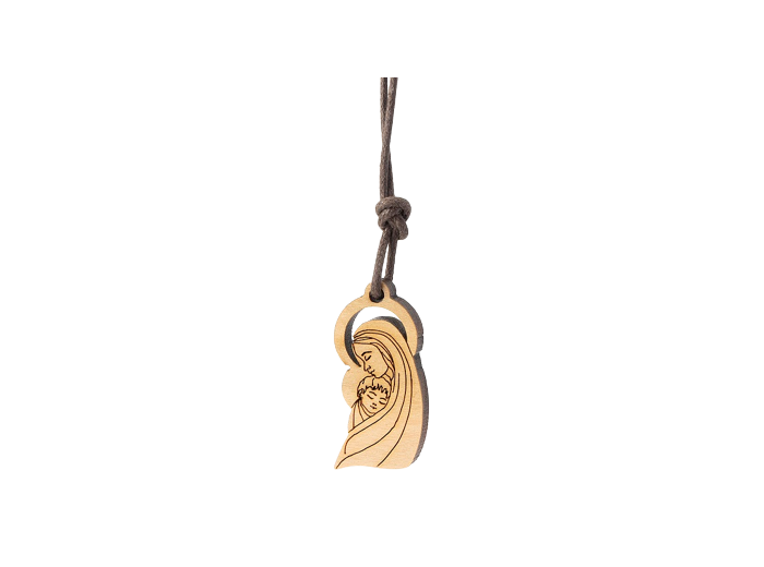Pendentif en bois 2,5x1cm avec cordon- VIERGE à L'ENFANT DECOUPEE