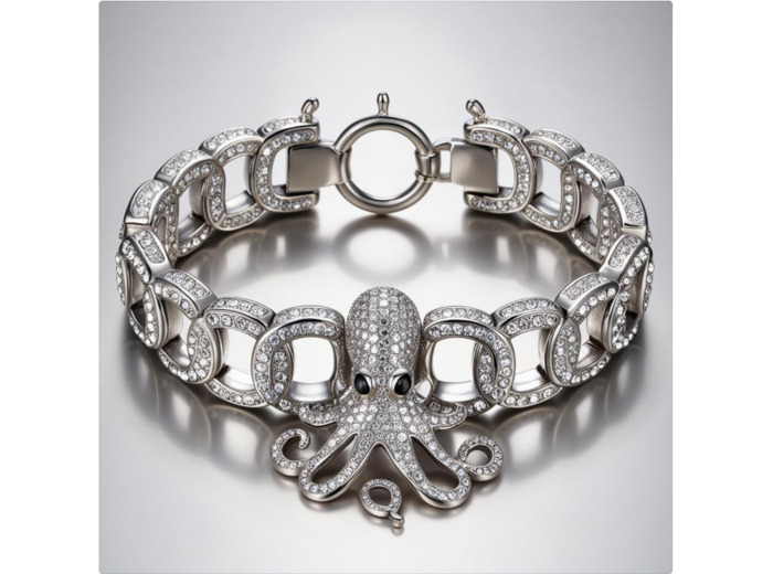 Bracelet Malabar Manufacture poulpe en argent massif, pierres de Crystal et strass Jet Swarovski