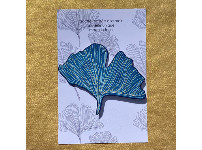 Broche ginko coloris bleu foncé pois argent