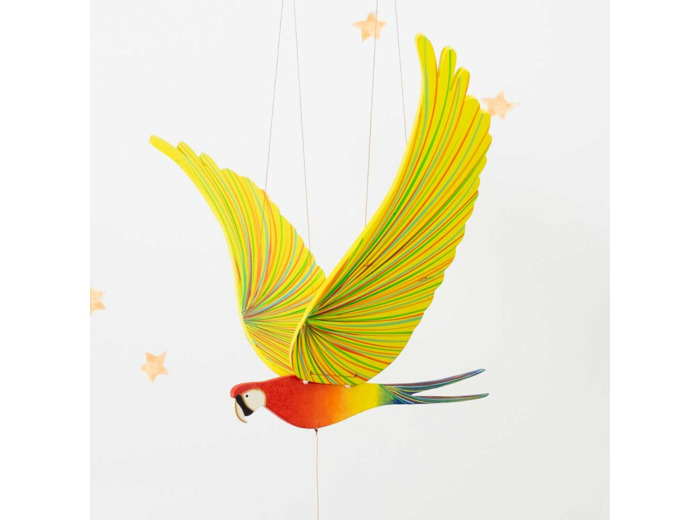 Mobile artisanal en bois - Perroquet Ara rouge