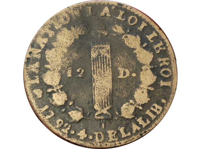 LOUIS XVI 12 DENIERS 1792 AN 4 D (Lyon) B+ Métal de cloche (G15)