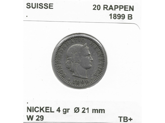 SUISSE 20 RAPPEN 1899 B TB+