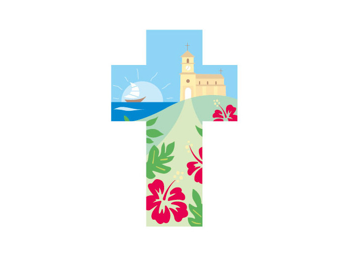 Croix église et hibiscus 14x9cm