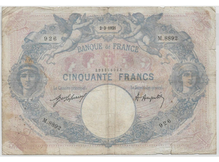 FRANCE 50 FRANCS BLEU ET ROSE SERIE M.8892 2-3-1921 TB