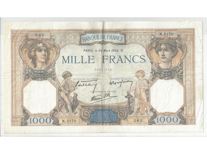 FRANCE 1000 FRANCS CERES ET MERCURE 24/03/1938 TTB N.3170