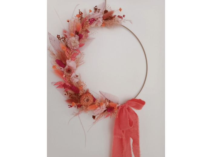 Couronne fleurs sechees - fuzz peach & fuschia - ruban gaze de coton