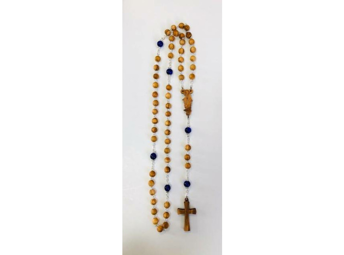 Chapelet en OLIVIER grain 8mm+ pater en verre BLEU