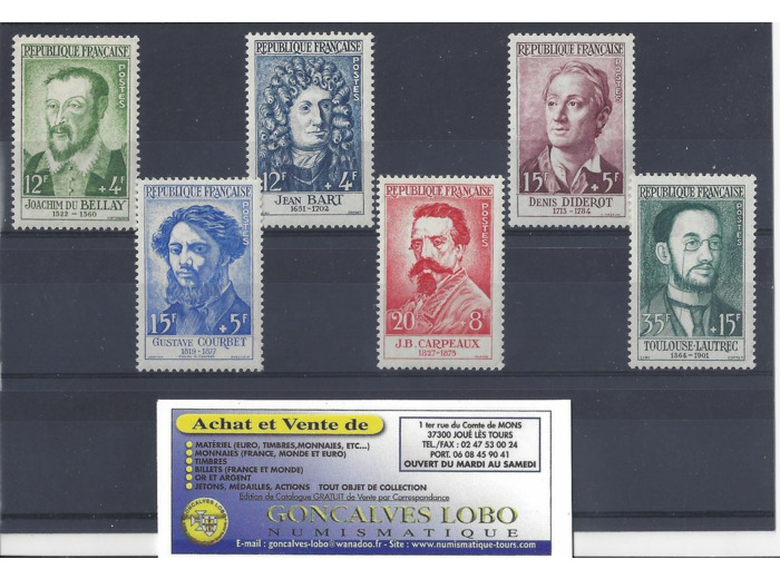 YVERT 1166 a 1171 CELEBRITES 1958 Serie 6 Timbres NEUF