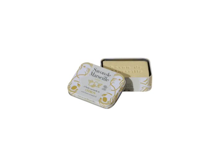Savon de Marseille boîte métal décorée parfumé à l'huile essentielle de Citron 100g