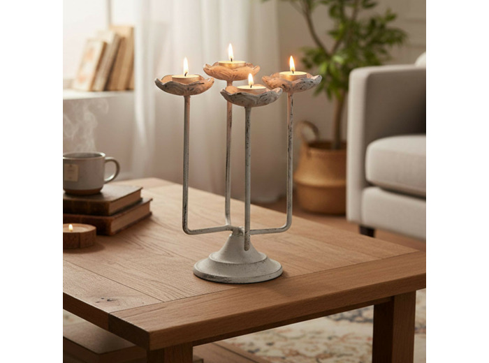 Bougeoir En Fer Blanc Patiné Design Floral 4 Bougies 24x16cm