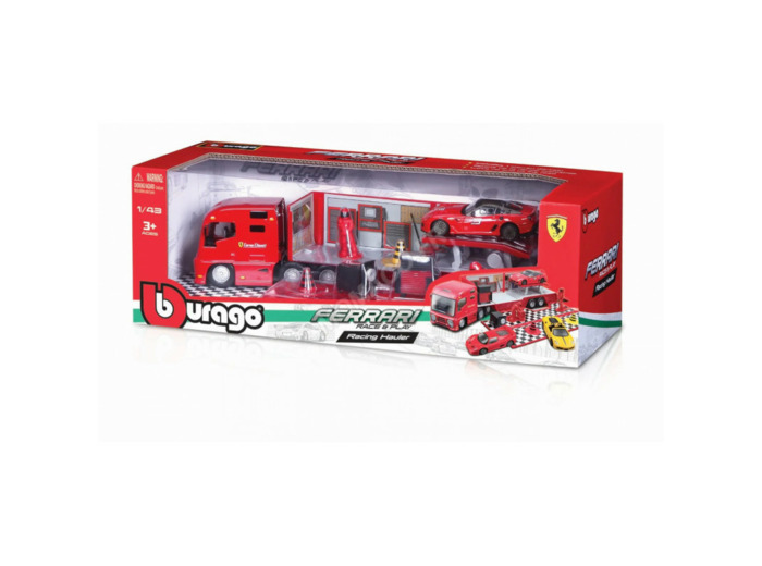 BBurago 31202 - CAMION DE TRANSPORT FERRARI AVEC UN VEHICULE FERRARI ALEATOIRE INCLUS 1/43
