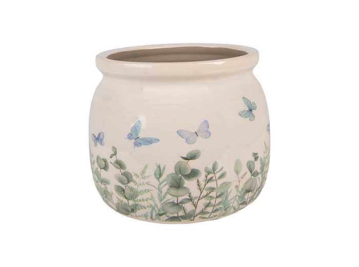Pot de fleurs rond beige céramique papillons 16x13cm