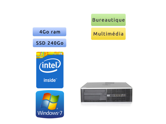 Hp 8000 Elite SFF - Windows 7 - 2.7Ghz 4Go 240Go SSD - Port Serie - PC Tour Bureautique Ordinateur