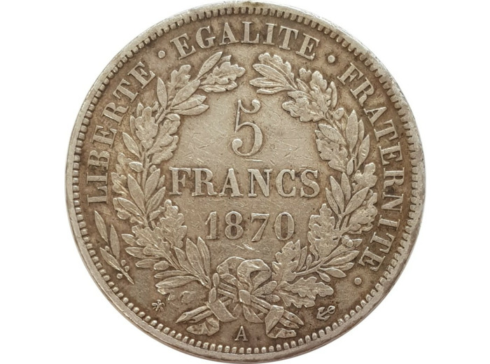 FRANCE 5 FRANCS CERES 1870 A (Paris) TTB