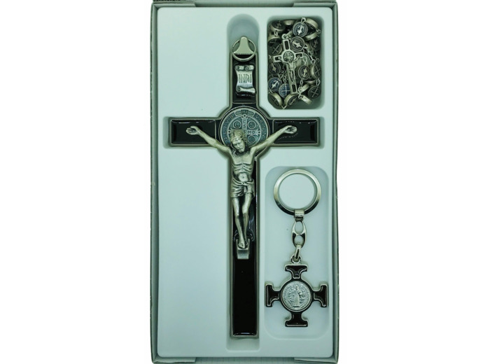 Coffret St Benoît 22,5x11,5cm croix+chapelet+PC - MARRON