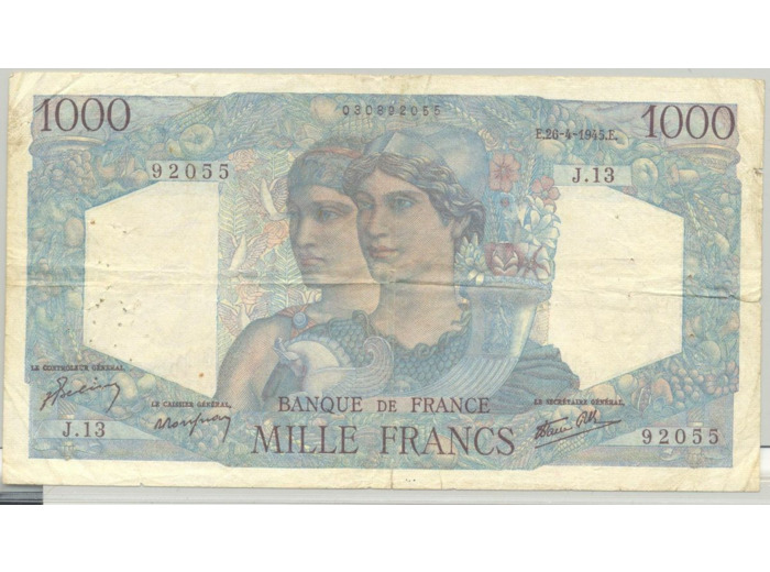 FRANCE 1000 FRANCS MINERVE ET HERCULE J.13 26-4-1945 TB+