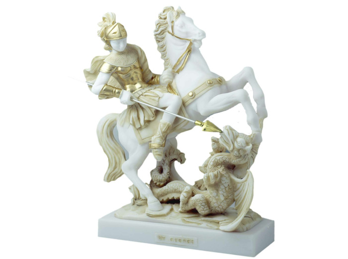 St Georges - Statue en albâtre 30cm -Beige et Or