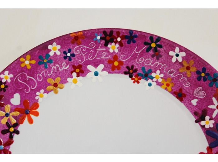 Jolie Assiette artisanale peinte à la main en porcelaine sur le thème de la fête des mères, 27cm, très colorée et fleurie, signée et daté
