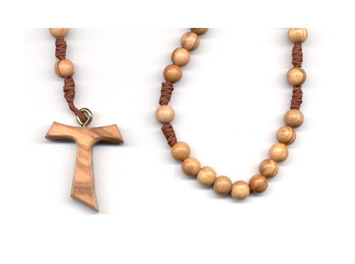 Chapelet OLIVIER sur CORDE -grain ROND- croix TAU sans Christ