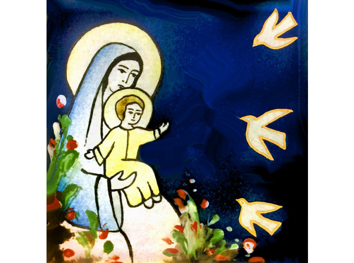 Vierge aux oiseaux 8,1X8,1cm - EMAUX DU LIBAN