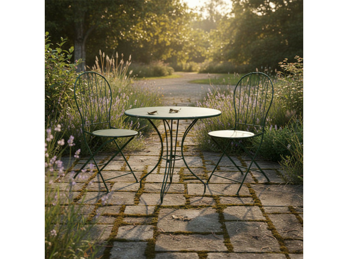 Ensemble Bistrot Table Ronde et 2 Chaises Pliantes Fer Vert Patiné 72x72x93cm