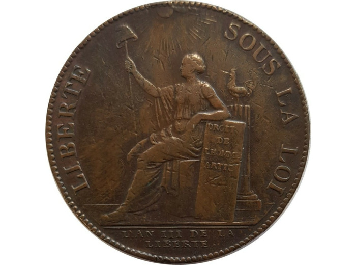 FRANCE MONNERON 2 SOLS à la LIBERTE 1791 AN III MONNAIE de CONFIANCE TB+