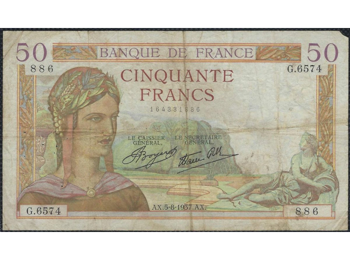 FRANCE 50 FRANCS CERES 5-8-1937 G.6574 TB