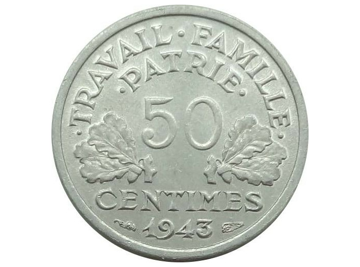 FRANCE 50 CENTIMES BAZOR 1943 B SUP tache