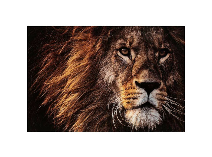 Tableau Mural en Verre Trempé Lion Finition Marron et Or 120x100cm