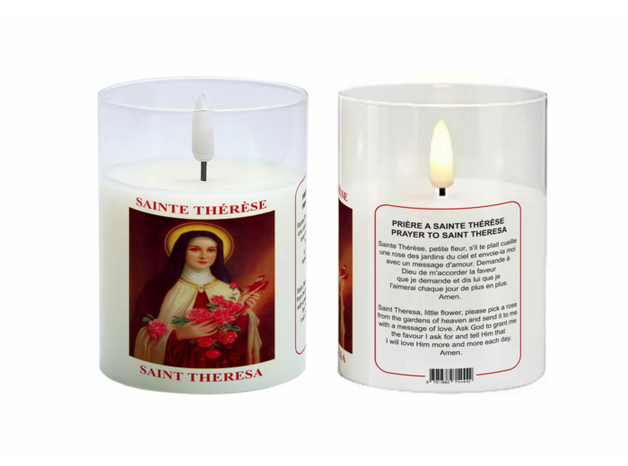 Bougie LED 7.5x10cm - Sainte Thérèse + Prière - Vendue sans pile