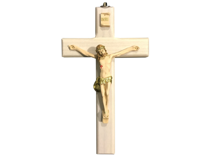 Crucifix en BOIS 17x10cm + christ résine polychrome- BLANC