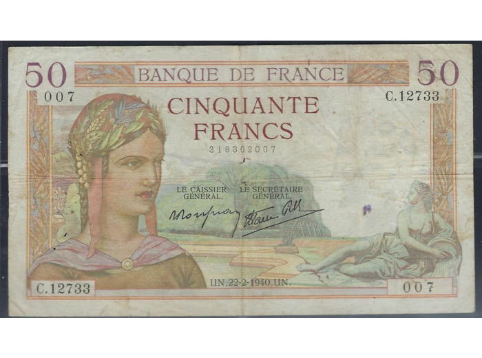 FRANCE 50 FRANCS CERES 22-2-1940 C.12733 TB+