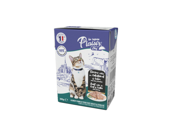 Repas plaisir Chat, Terrine riche en CABILLAUD & COLIN avec des crevettes - 190g