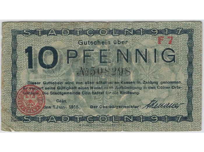 ALLEMAGNE 10 PFENNIG STADT KOLN 1 JUIN 1918 SERIE F7 TB+