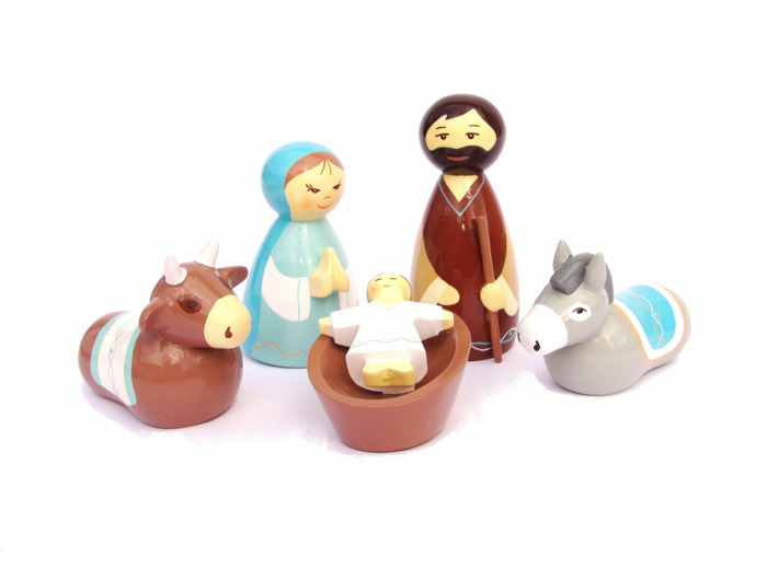 Crèche en bois tourné Marie bleue 9cm + boite