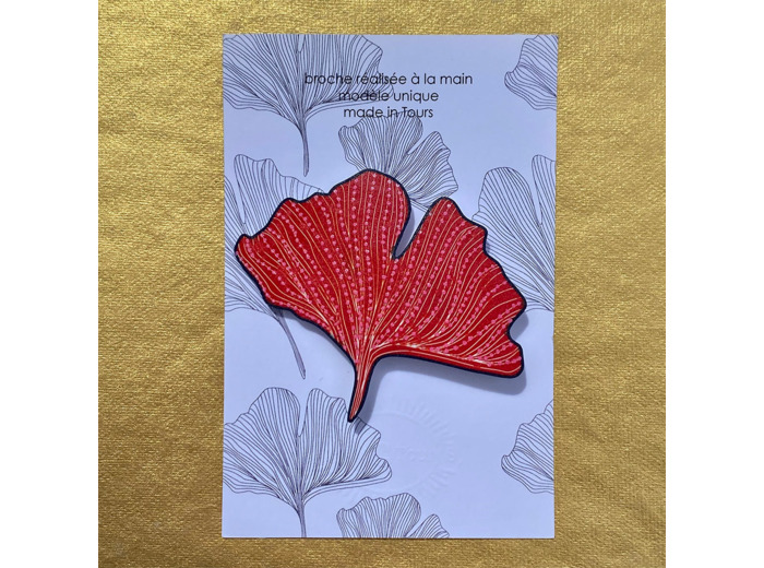 Broche ginko coloris rouge pois rose pailleté