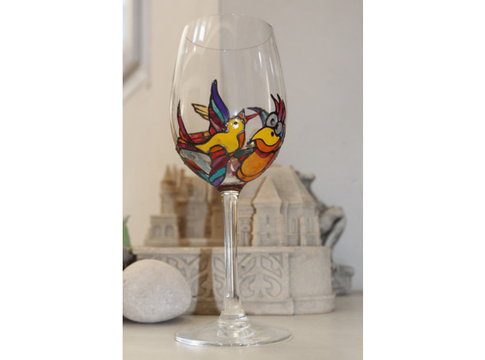 Verre à vin peint à la main, en cristal,sur le thème des oiseaux, verre à pied très coloré et unique