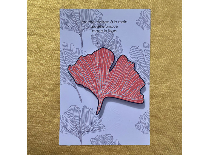 Broche ginko coloris rose pois bleu pailleté