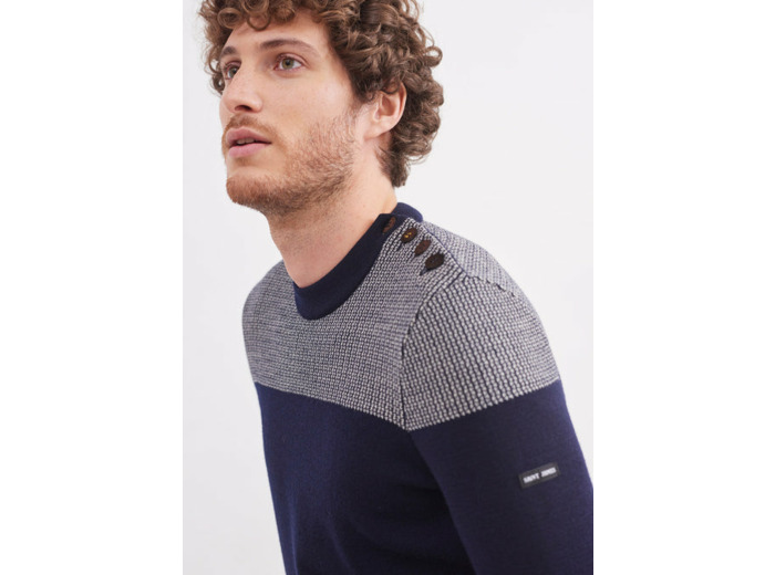 Pull marin bicolore Dinan à coudières jacquard, en laine vierge