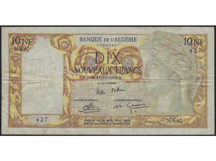 BANQUE DE L'ALGERIE 10 NOUVEAUX FRANCS 25-11-1960 N.640 TTB