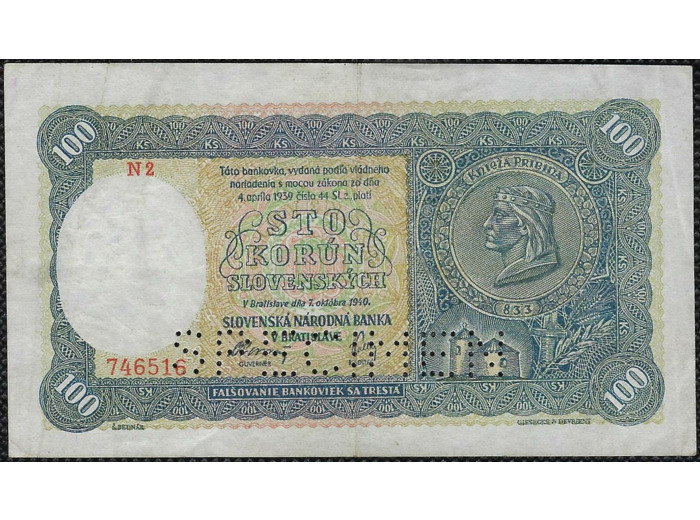 SLOVAQUIE 100 KORUN 7 OCTOBRE 1940 Série N2 perforé SPECIMEN TTB+ (W10s)