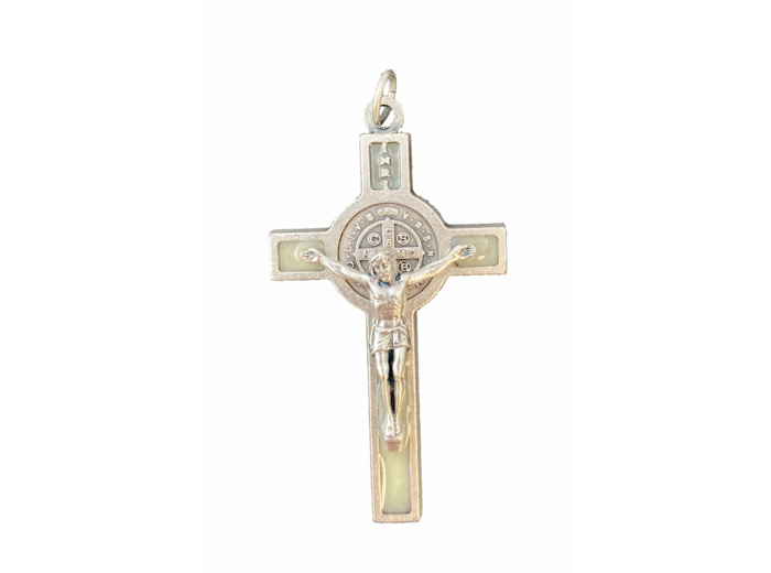 Croix St Benoît 53X29mm émail ARGENTÉ résine LUMINEUX