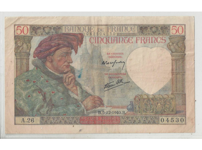 FRANCE 50 FRANCS JACQUES COEUR 5-12-1940 A.26 TTB+