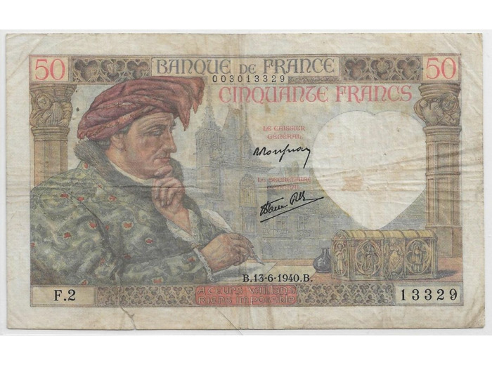 FRANCE 50 FRANCS JACQUES COEUR SERIE F.2 13-6-1940 TB