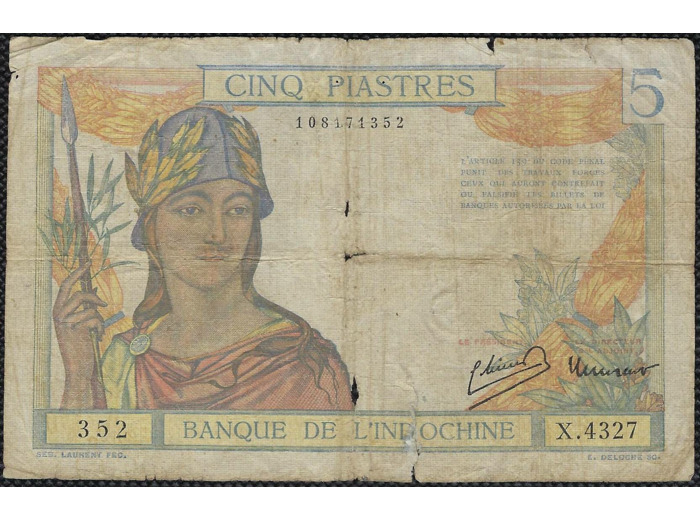 INDOCHINE 5 PIASTRES NON DATE (1932-1939) SERIE X.4327 TB (W55c)