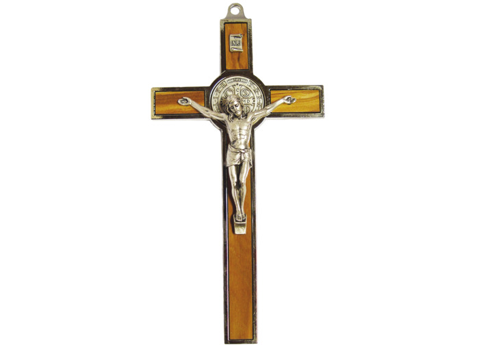 Croix de Saint Benoît en Olivier et Métal Argenté 20cm